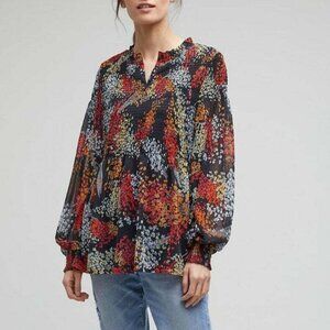 Anthropologie Floral Blouse Womens XS V-Neck Smocked Long Sleeve Relaxed Tunic